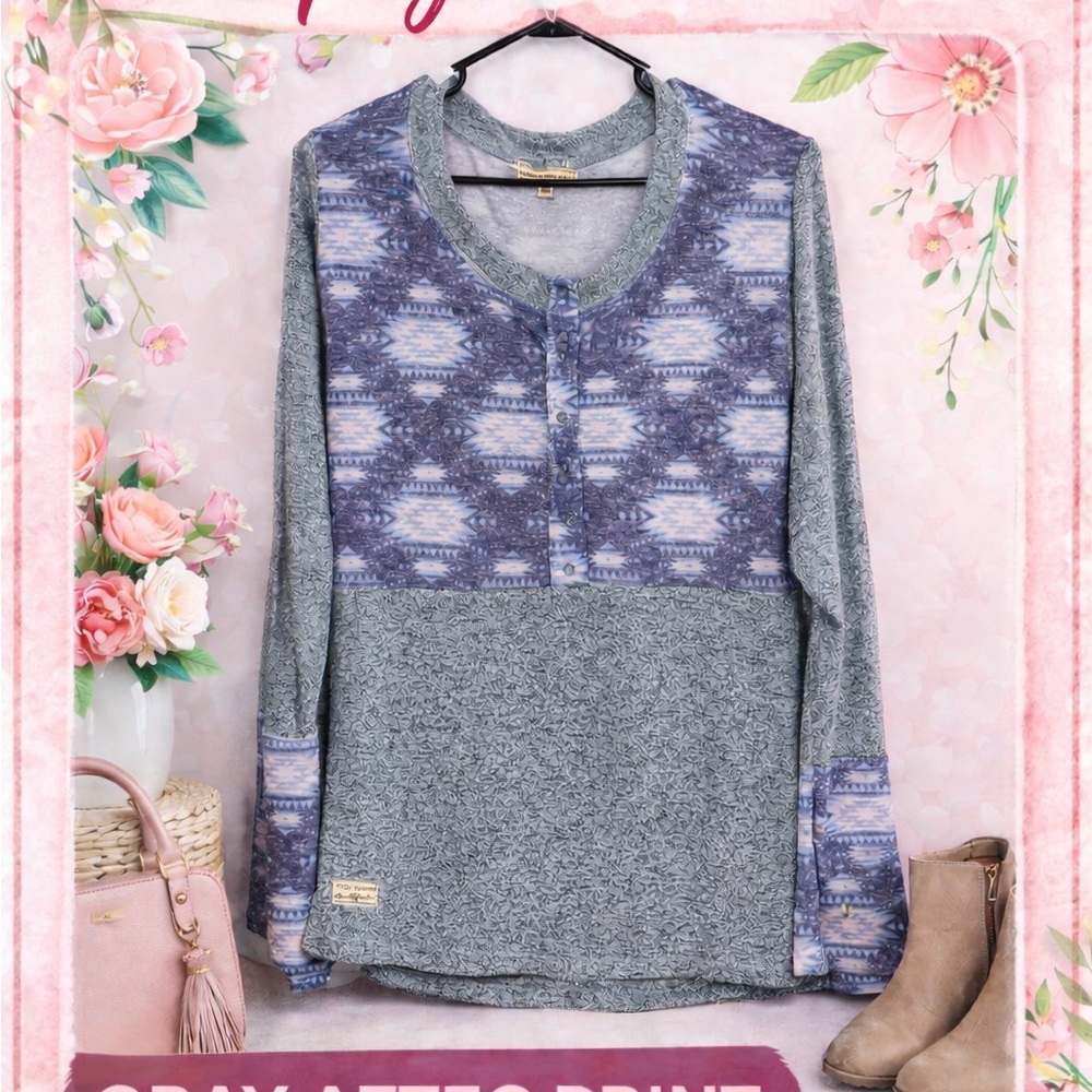 Simply Southern Gray Aztec Print Long Sleeve Henley Top XL